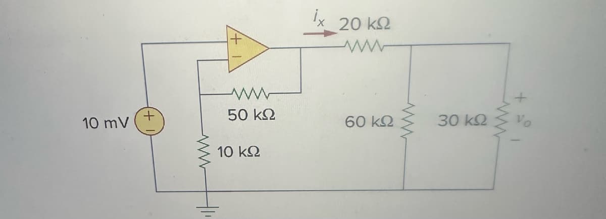 ### Operational Amplifier Circuit Analysis

#### Circuit Description:
The image presents a basic operational amplifier (op-amp) circuit with several resistors and a voltage source. This circuit can be analyzed to determine various electrical parameters, such as voltage, current, and resistance. 

#### Components:
1. **Voltage Source:**
   - A 10 mV voltage source is connected to the input of the circuit.
   
2. **Resistors:**
   - There are five resistors in the circuit with the following resistances:
     - 10 kΩ
     - 50 kΩ
     - 20 kΩ
     - 60 kΩ
     - 30 kΩ
   
3. **Operational Amplifier (Op-Amp):**
   - An operational amplifier is connected with its non-inverting input (+) connected to the voltage source and the inverting input (-) connected to the junction of the 10 kΩ and 50 kΩ resistors.
   - The op-amp is configured in a closed-loop setup.
 
4. **Output:**
   - The output voltage \( v_o \) is taken across the 30 kΩ resistor connected in parallel with the 60 kΩ resistor.

#### Circuit Operation:
- The circuit operates by amplifying the voltage provided by the voltage source through the operational amplifier.
- The current \( i_x \) flows through the 20 kΩ resistor, which lies between the output of the operational amplifier and the junction where the 60 kΩ and 30 kΩ resistors are connected.

#### Analysis:
- The analysis of this circuit would involve applying Kirchhoff's Voltage Law (KVL) and Kirchhoff's Current Law (KCL) to find the various voltages and currents at different points in the circuit.
- Employing the concept of virtual short (the principle that the voltage difference between the inverting and non-inverting terminals of an ideal op-amp is zero), we can find expressions for \( v_o \) (output voltage) and \( i_x \) (current through 20 kΩ resistor).

This basic operational amplifier circuit is essential for understanding how op-amps function in amplifying signals in various electronic applications.