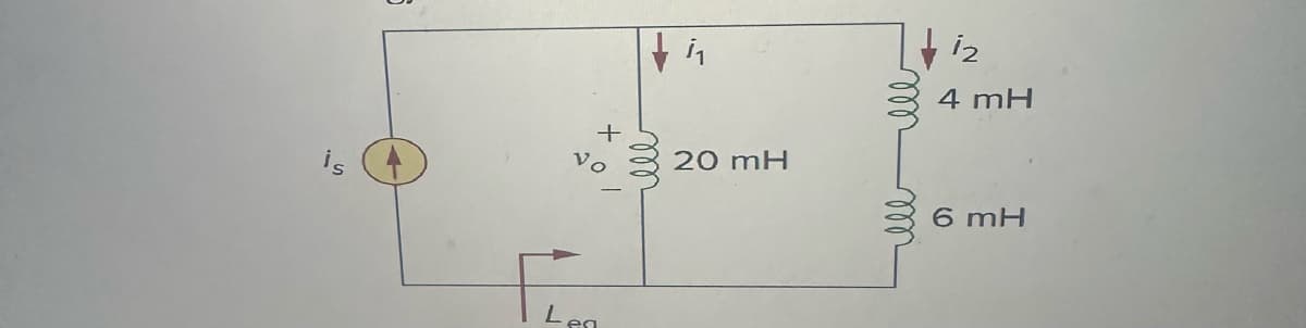 This image depicts a simple electrical circuit primarily composed of inductors, an ideal current source, and a measure point for voltage. Below is a detailed description suitable for an educational website.

---

### Circuit Diagram: Inductive Network

**Components:**
1. **Current Source (\(i_s\))** - This is an ideal current source represented by a circle with an arrow inside pointing upwards. It supplies a constant current \(i_s\) to the circuit.
  
2. **Inductors** - There are three inductors in the circuit:
    - **20 mH Inductor** (\(i_1\)) - Placed parallel to the current source. It is labeled with the current \(i_1\).
    - **4 mH Inductor** (\(i_2\)) - Placed in series with a 6 mH inductor. This inductor is labeled with the current \(i_2\).
    - **6 mH Inductor** - Connected in series with the 4 mH inductor.
  
3. **Voltage Measurement (\(v_o\))** - The voltage across the 20 mH inductor is denoted as \(v_o\), with the positive terminal on the top side and the negative terminal on the bottom side.

4. **Net Inductance (\(L_{eq}\))** - This label is placed below the circuit diagram and is used to represent the equivalent inductance of the given inductive network.

### Circuit Description
This diagram is an illustrative example of an inductive network in which inductors are combined in both parallel and series configurations. The circuit utilizes an ideal current source to drive the network. 

- The **20 mH inductor** on the left side of the circuit is parallel to the branch containing the **4 mH and 6 mH inductors** which are connected in series.
- The labeled currents \(i_1\) and \(i_2\) represent the current through the 20 mH inductor and the series combination of the 4 mH and 6 mH inductors, respectively.
- The net inductance of this circuit can be calculated by considering the parallel and series combinations of the inductors involved.

### Analysis
- To analyze this circuit, you can use Kirchhoff's laws and the rules for combining inductances in series and parallel. 
- The voltage \(v_o\) across the 20 m