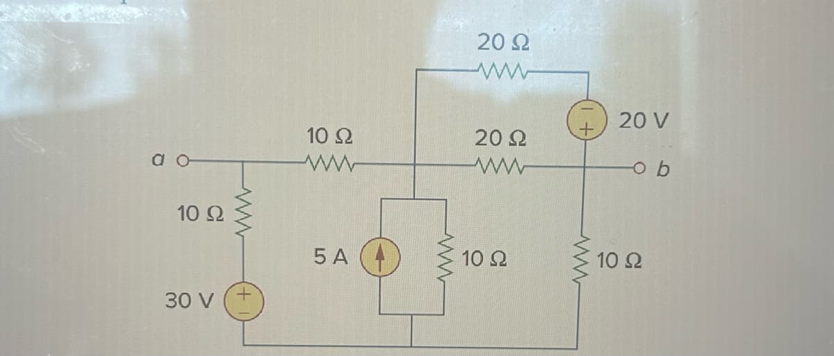 a o
10 Ω
30 V
Η
10 Ω
Μ
5A
Μ
20 Ω
20 Ω
Μ
10 Ω
ww
20 V
ob
10 Ω