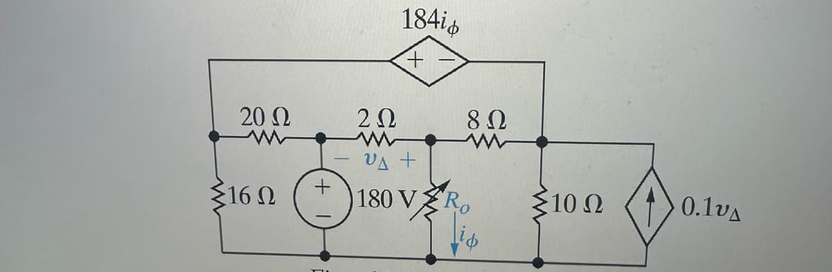 20 Ω
ww
{16 Ω
+
ΖΩ
www
184i.
+
υΔ +
180 V,
8 Ω
ww
Ro
510 Ω
α
0.104