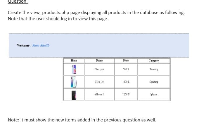 Question
Create the view_products.php page displaying all products in the database as following:
Note that the user should log in to view this page.
Welcome : Rana Khatib
Photo
Name
Price
Category
Galaxy A
500 $
Samsung
Note 10
1000 $
Samsung
iPhone 1
1200 $
Iphone
Note: It must show the new items added in the previous question as well.
P