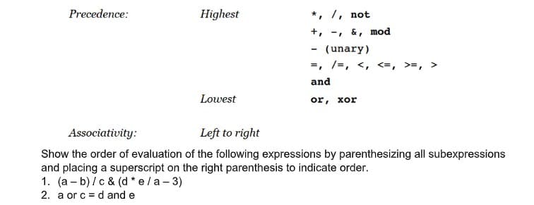 Precedence:
Highest
*, /, not
+, -, &, mod
(unary)
=₁ /=, <, <=, >=, >
and
Lowest
or, xor
Associativity:
Left to right
Show the order of evaluation of the following expressions by parenthesizing all subexpressions
and placing a superscript on the right parenthesis to indicate order.
1. (a - b)/c & (d * e/a-3)
2.
a or c d and e