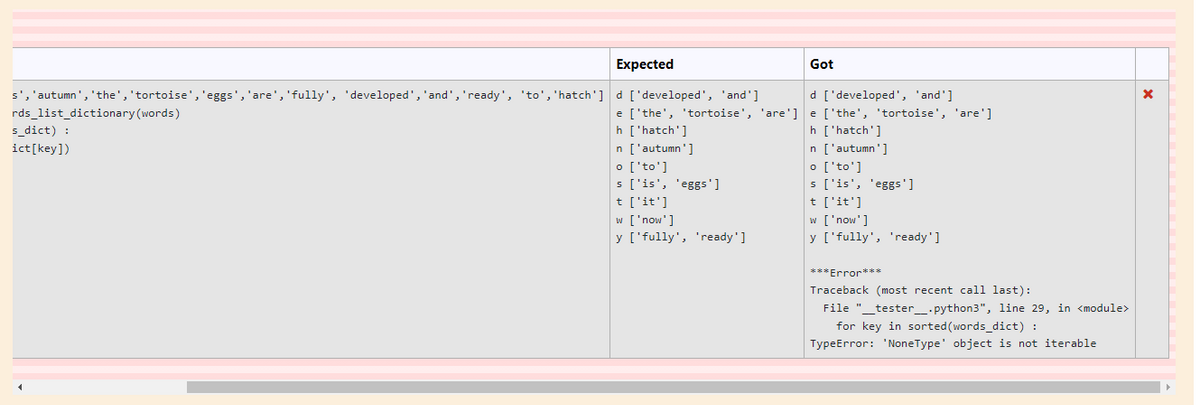 Expected
s', 'autumn', 'the', 'tortoise', 'eggs', 'are', 'fully', 'developed', 'and', 'ready', 'to', 'hatch'] d ['developed', 'and']
rds_list_dictionary (words)
e ['the', 'tortoise', 'are']
h ['hatch']
s_dict) :
ict [key])
n ['autumn']
o ['to']
s ['is', 'eggs']
t ['it']
w ['now']
y ['fully', 'ready']
Got
d ['developed', 'and']
e ['the', 'tortoise', 'are']
h ['hatch']
n ['autumn']
o ['to']
s ['is', 'eggs']
t ['it']
w ['now']
y ['fully', 'ready']
***Error***
Traceback (most recent call last):
File "__tester__.python3", line 29, in <module>
for key in sorted (words_dict) :
TypeError: 'NoneType' object is not iterable