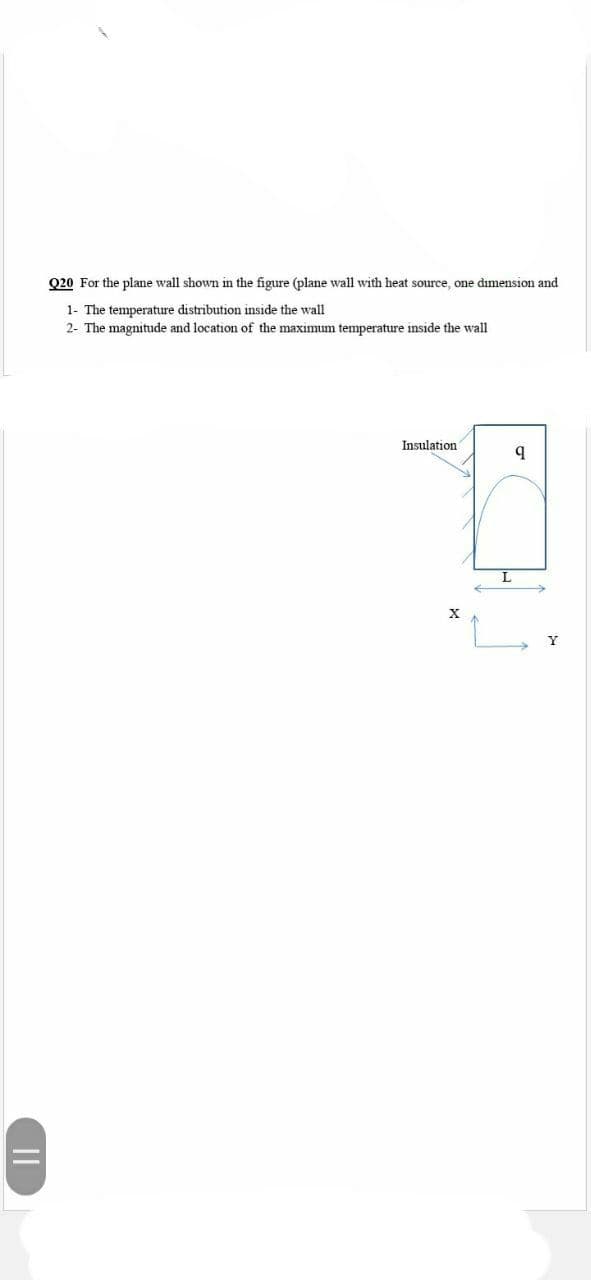 Q20 For the plane wall shown in the figure (plane wall with heat source, one dimension and
1- The temperature distribution inside the wall
2- The magnitude and location of the maximum temperature inside the wall
Insulation
Y
