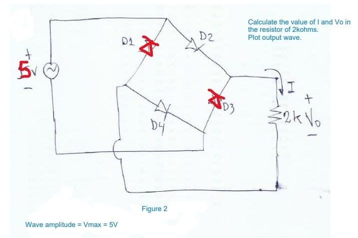 Wave amplitude = Vmax = 5V
D1
D4
Figure 2
D2
D3
Calculate the value of I and Vo in
the resistor of 2kohms.
Plot output wave.
I
+
2k Vo
1