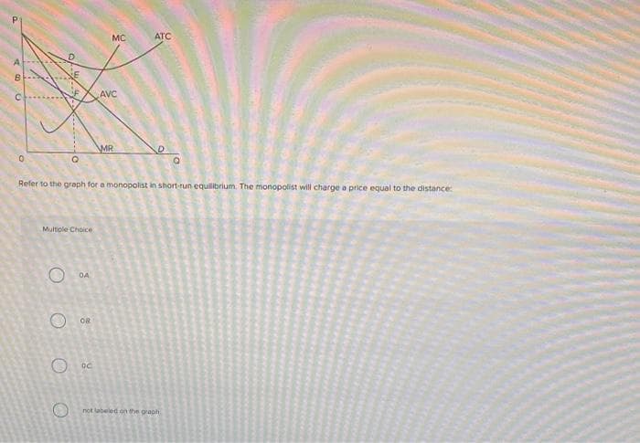 ABO
0
E
O
75%
Q
Multiple Choice
O
Refer to the graph for a monopolist in short-run equilibrium. The monopolist will charge a price equal to the distance:
OA
O
О ос
MC
g
AVC
MR
ATC
not labeled on the graph