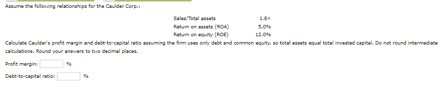 Assume the following relationships for the Caulder Corp.:
1.8x
Sales/Total assets
Return on assets (ROA)
Return on equity (ROE)
5.0%
12.0%
Calculate Caulder's profit margin and debt-to-capital ratio assuming the firm uses only debt and common equity, so total assets equal total invested capital. Do not round intermediate
calculations. Round your answers to two decimal places.
Profit margin:
Debt-to-capital ratio:
%
%