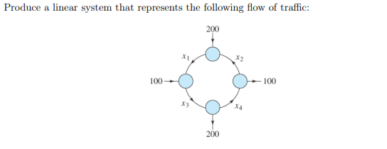 Produce a linear system that represents the following flow of traffic:
100→
200
200
- 100