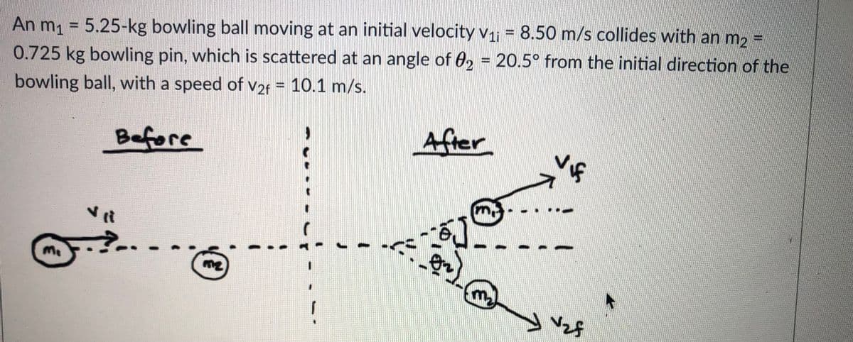 An m, = 5.25-kg bowling ball moving at an initial velocity v1 = 8.50 m/s collides with an m, =
%3D
%3D
0.725 kg bowling pin, which is scattered at an angle of 02 = 20.5° from the initial direction of the
%3D
bowling ball, with a speed of v2f = 10.1 m/s.
%3D
Before
Afier
