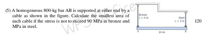 (5) A homogeneous 800-kg bar AB is supported at either end by a
cable as shown in the figure. Calculate the smallest area of
each cable if the stress is not to exceed 90 MPa in bronze and
Bronze
Steel
L= 3 m
L= 4 m
120
MPa in steel.
10 m
