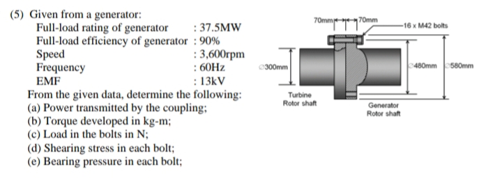 (5) Given from a generator:
Full-load rating of generator
Full-load efficiency of generator : 90%
Speed
Frequency
EMF
70mme
70mm
: 37.5MW
-16 x M42 bolts
:3,600rpm
: 60HZ
©300mm
480mm 580mm
: 13kV
From the given data, determine the following:
(a) Power transmitted by the coupling;
(b) Torque developed in kg-m;
(c) Load in the bolts in N;
(d) Shearing stress in each bolt;
(e) Bearing pressure in each bolt;
Turbine
Rotor shaft
Generator
Rotor shaft
