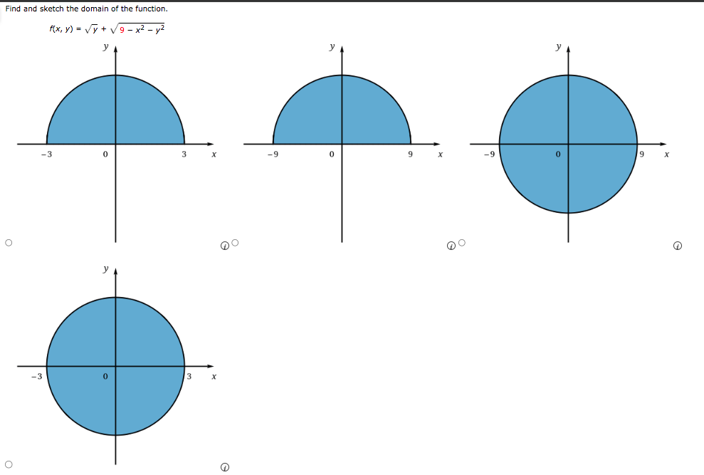 Find and sketch the domain of the function.
f(x, y) = Vy + V 9 - x2 - y2
y
ㅇ
ㅇ
6
-3
0
3 x
①
9
-9
0