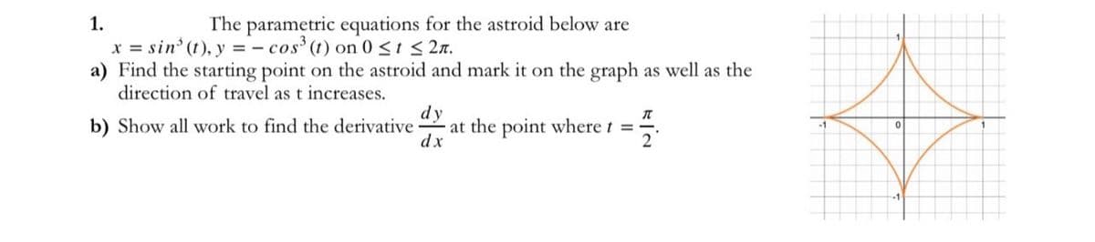 1.
The parametric equations for the astroid below are
x = sin (t), y = – cos* (t) on 0 < t < 2n.
a) Find the starting point on the astroid and mark it on the graph as well as the
direction of travel as t increases.
dy
b) Show all work to find the derivative at the point where t
2
-1
dx
