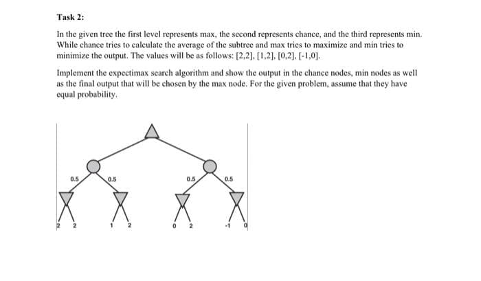 Task 2:
In the given tree the first level represents max, the second represents chance, and the third represents min.
While chance tries to calculate the average of the subtree and max tries to maximize and min tries to
minimize the output. The values will be as follows: [2,2), [1,2], [0,2]. [-1,0].
Implement the expectimax search algorithm and show the output in the chance nodes, min nodes as well
as the final output that will be chosen by the max node. For the given problem, assume that they have
equal probability.
0.5
0.5
0.5
0.5
