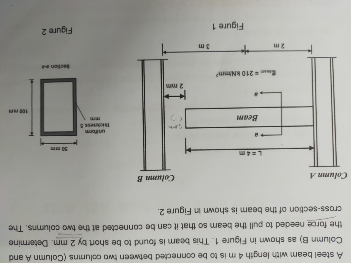 A steel beam with length 4 m is to be connected between two columns (Column A and
Column B) as shown in Figure 1. This beam is found to be short by 2 mm. Determine
the force needed to pull the beam so that it can be connected at the two columns. The
cross-section of the beam is shown in Figure 2.
Column A
Column B
L= 4 m
ww os
thickness 5
uniform
Beam
ww
100 mm
2 mm
Ebeam = 210 kN/mm2
Section a-a
2 m
3 m
Figure 1
Figure 2
