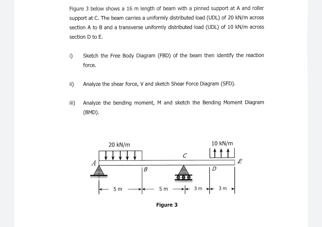 Figure 3 below shows a 16 m length of beam with a pinned support at A and roller
support at C. The beam carries a uniformly distributed load (UDL) of 20 kN/m across
section A to B and a transverse uniformly distributed load (UDL) of 10 kN/m across
section D to E.
i)
Sketch the Free Body Diagram (FBD) of the beam then identify the reaction
force.
ii)
Analyze the shear force, V and sketch Shear Force Diagram (SFD).
ii)
Analyze the bending moment, M and sketch the Bending Moment Diagram
(BMD).
20 kN/m
10 kN/m
C
В
D
→* 3m
5 m
5 m
3 m
Figure 3
