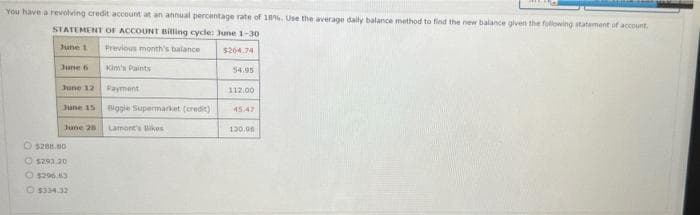 You have a revolving credit account at an annual percentage rate of 18%. Use the average daily balance method to find the new balance given the following statement of account.
STATEMENT OF ACCOUNT Billing cycle: June 1-30
June 1
Previous month's balance
$264.74
Kim's Paints
June 6
June 12
June 15
June 28
$288.00
Ⓒ$293.20
Ⓒ$296.63
Ⓒ$334.32
Payment
Biggle Supermarket (credit)
Lamont's Bikes
54.95
112.00
130.00