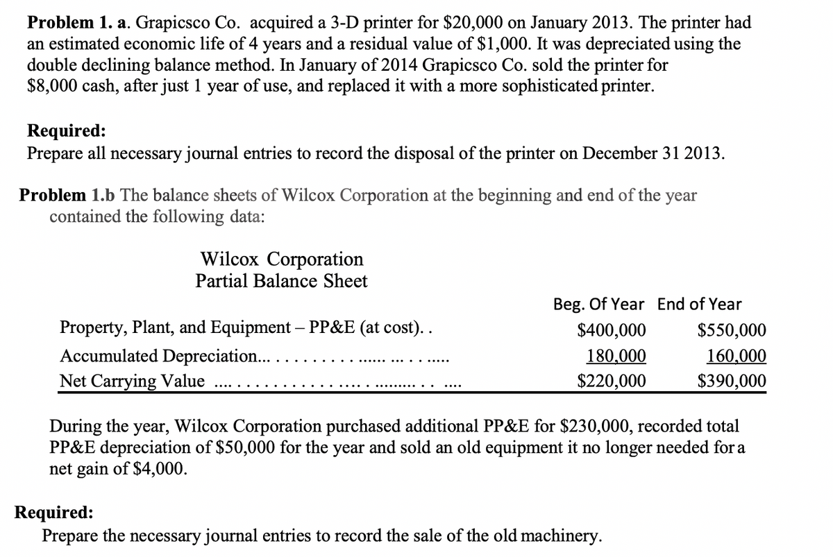 Problem 1. a. Grapicsco Co. acquired a 3-D printer for $20,000 on January 2013. The printer had
an estimated economic life of 4 years and a residual value of $1,000. It was depreciated using the
double declining balance method. In January of 2014 Grapicsco Co. sold the printer for
$8,000 cash, after just 1 year of use, and replaced it with a more sophisticated printer.
Required:
Prepare all necessary journal entries to record the disposal of the printer on December 31 2013.
Problem 1.b The balance sheets of Wilcox Corporation at the beginning and end of the year
contained the following data:
Wilcox Corporation
Partial Balance Sheet
Property, Plant, and Equipment - PP&E (at cost)..
Accumulated Depreciation...
Net Carrying Value
Beg. Of Year End of Year
$400,000
180,000
$220,000
$550,000
160,000
$390,000
During the year, Wilcox Corporation purchased additional PP&E for $230,000, recorded total
PP&E depreciation of $50,000 for the year and sold an old equipment it no longer needed for a
net gain of $4,000.
Required:
Prepare the necessary journal entries to record the sale of the old machinery.