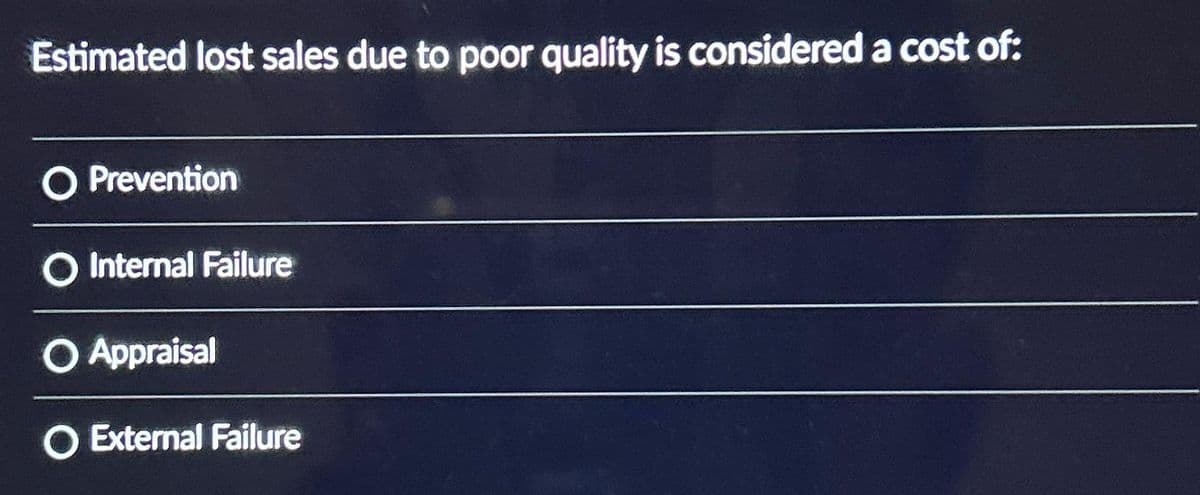 Estimated lost sales due to poor quality is considered a cost of:
O Prevention
O Internal Failure
O Appraisal
O External Failure