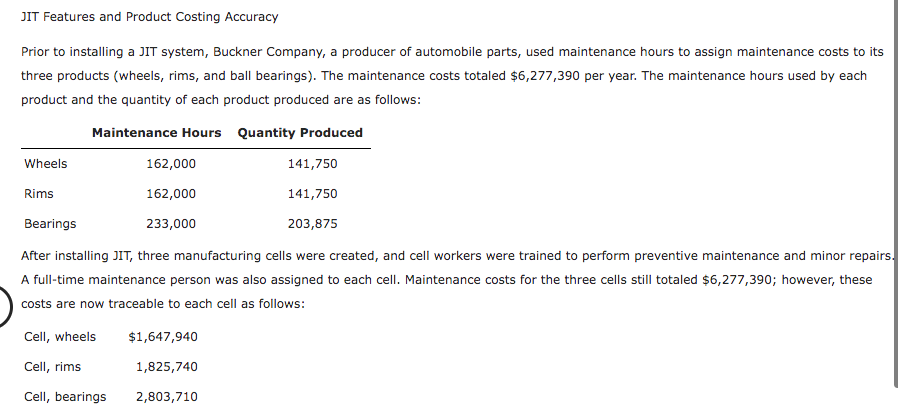 JIT Features and Product Costing Accuracy
Prior to installing a JIT system, Buckner Company, a producer of automobile parts, used maintenance hours to assign maintenance costs to its
three products (wheels, rims, and ball bearings). The maintenance costs totaled $6,277,390 per year. The maintenance hours used by each
product and the quantity of each product produced are as follows:
Maintenance Hours Quantity Produced
Wheels
141,750
141,750
Bearings
203,875
After installing JIT, three manufacturing cells were created, and cell workers were trained to perform preventive maintenance and minor repairs.
A full-time maintenance person was also assigned to each cell. Maintenance costs for the three cells still totaled $6,277,390; however, these
costs are now traceable to each cell as follows:
Rims
162,000
162,000
233,000
Cell, wheels
Cell, rims
Cell, bearings
$1,647,940
1,825,740
2,803,710