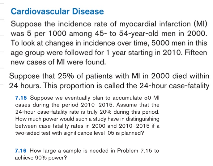 Cardiovascular Disease
Suppose the incidence rate of myocardial infarction (MI)
was 5 per 1000 among 45- to 54-year-old men in 2000.
To look at changes in incidence over time, 5000 men in this
age group were followed for 1 year starting in 2010. Fifteen
new cases of MI were found.
