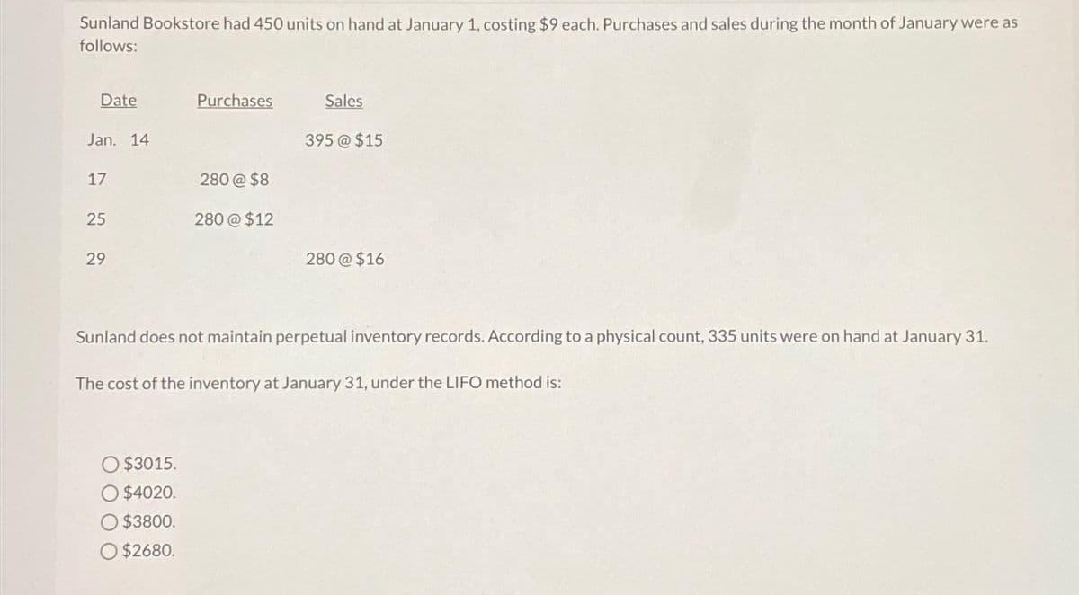 Sunland Bookstore had 450 units on hand at January 1, costing $9 each. Purchases and sales during the month of January were as
follows:
Date
Purchases
Sales
Jan. 14
395 @ $15
17
280 @ $8
25
280 @ $12
29
280 @ $16
Sunland does not maintain perpetual inventory records. According to a physical count, 335 units were on hand at January 31.
The cost of the inventory at January 31, under the LIFO method is:
$3015.
$4020.
$3800.
$2680.