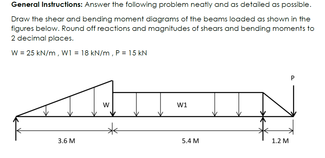 General Instructions: Answer the following problem neatly and as detailed as possible.
Draw the shear and bending moment diagrams of the beams loaded as shown in the
figures below. Round off reactions and magnitudes of shears and bending moments to
2 decimal places.
W = 25 kN/m , W1 = 18 kN/m , P = 15 kN
W
W1
3.6 M
5.4 M
1.2 M
