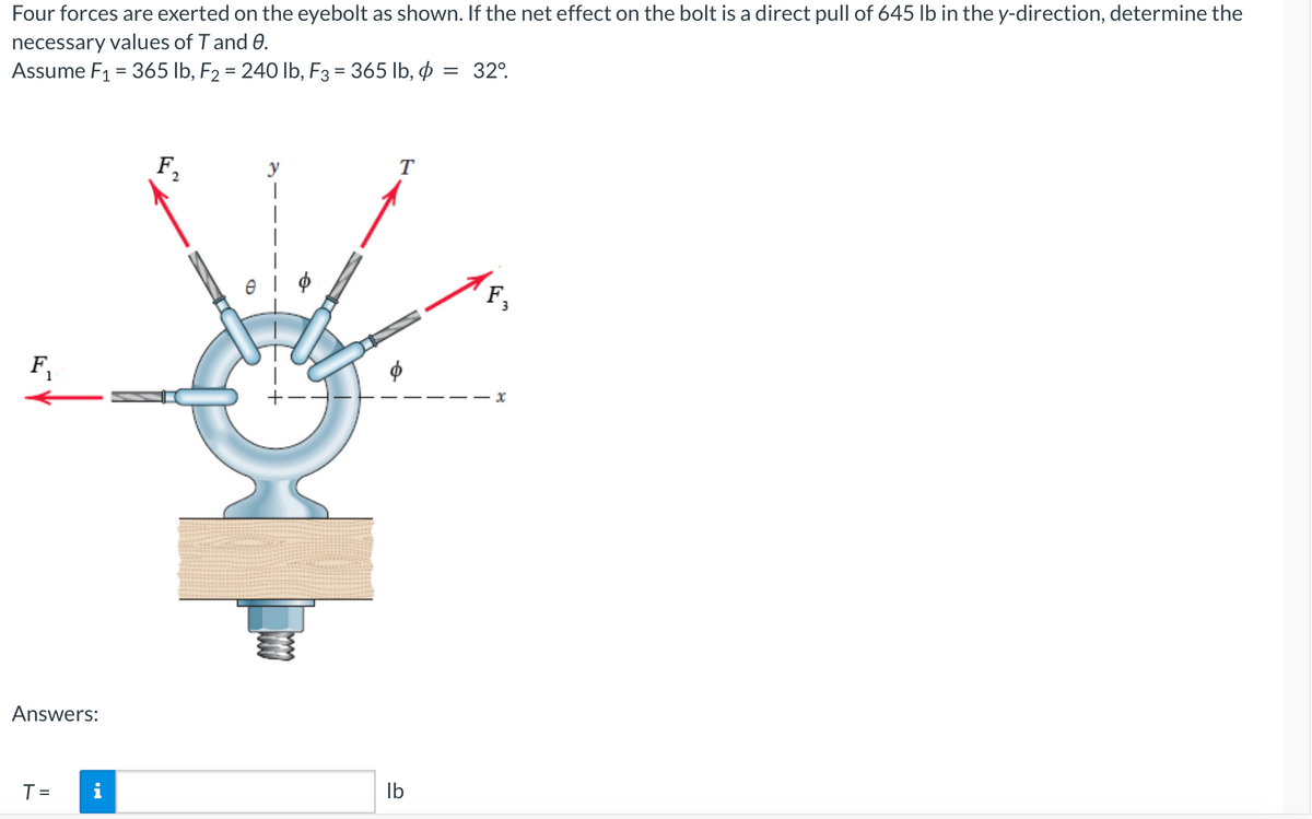 Four forces are exerted on the eyebolt as shown. If the net effect on the bolt is a direct pull of 645 lb in the y-direction, determine the
necessary values of T and 0.
Assume F₁ = 365 lb, F₂ = 240 lb, F3 = 365 lb, p =
F₁
1
Answers:
T =
i
F₂
2
T
lb
= 32°.
F₁
3
x