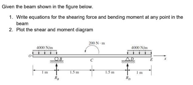 Given the beam shown in the figure below.
1. Write equations for the shearing force and bending moment at any point in the
beam
2. Plot the shear and moment diagram
200 N - m
4000 N/m
4000 N/m
OB
I m
1.5 m
1.5 m
1 m
Rp
