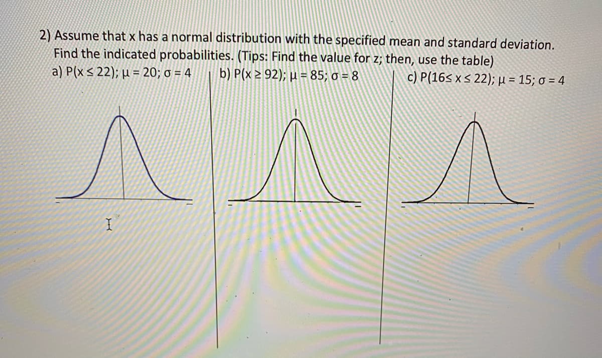 2) Assume that x has a normal distribution with the specified mean and standard deviation.
Find the indicated probabilities. (Tips: Find the value for z; then, use the table)
a) P(x < 22); µ = 20; o = 4
b) P(x > 92); µ = 85; o = 8
c) P(16< x < 22); µ = 15; o = 4
