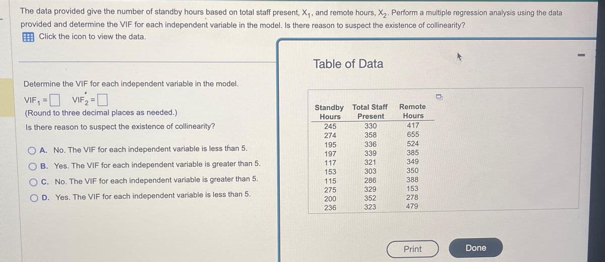 The data provided give the number of standby hours based on total staff present, X₁, and remote hours, X₂. Perform a multiple regression analysis using the data
provided and determine the VIF for each independent variable in the model. Is there reason to suspect the existence of collinearity?
Click the icon to view the data.
Determine the VIF for each independent variable in the model.
|
VIF ₂2 =
VIF₁ =
(Round to three decimal places as needed.)
Is there reason to suspect the existence of collinearity?
OA. No. The VIF for each independent variable is less than 5.
B. Yes. The VIF for each independent variable is greater than 5.
OC. No. The VIF for each independent variable is greater than 5.
OD. Yes. The VIF for each independent variable is less than 5.
wwwwwww
Table of Data
Standby Total Staff
Hours Present
245
330
274
358
195
197
117
153
115
275
200
236
336
339
321
303
286
329
352
323
Remote
Hours
417
655
524
385
349
350
388
153
278
479
Print
Done