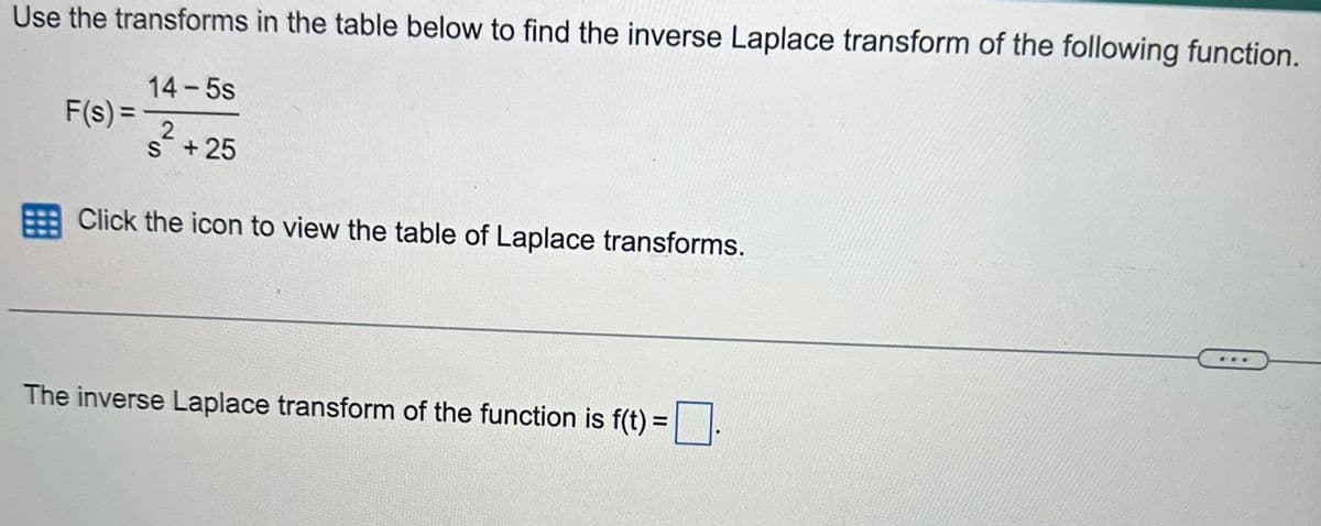 Use the transforms in the table below to find the inverse Laplace transform of the following function.
14-5s
2
S +25
Click the icon to view the table of Laplace transforms.
F(s) =
The inverse Laplace transform of the function is f(t) = .