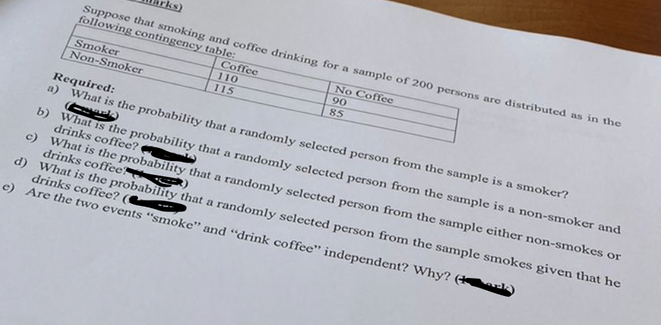 ks)
Suppose that smoking and coffee drinking for a sample of 200 persons are distributed as in the
following contingency table:
Coffee
110
No Coffee
90
Smoker
Non-Smoker
115
85
Required:
a) What is the probability that a randomly selected person from the sample is a smoker?
b) What is the probability that a randomly selected person from the sample is a non-smoker and
drinks coffee?
c) What is the probability that a randomly selected person from the sample either non-smokes or
drinks coffee
d) What is the probability that a randomly selected person from the sample smokes given that he
drinks coffee? (
e) Are the two events "smoke" and drink coffee" independent? Why? (
