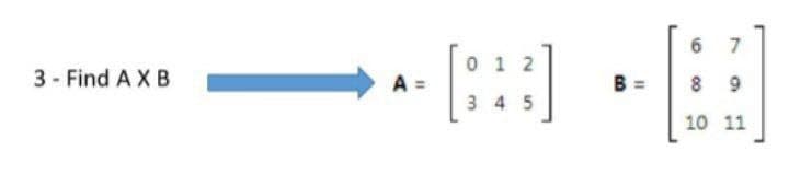 7
0 1 2
[::]
3 - Find A X B
A =
B:
8 9
3 4 5
10 11
