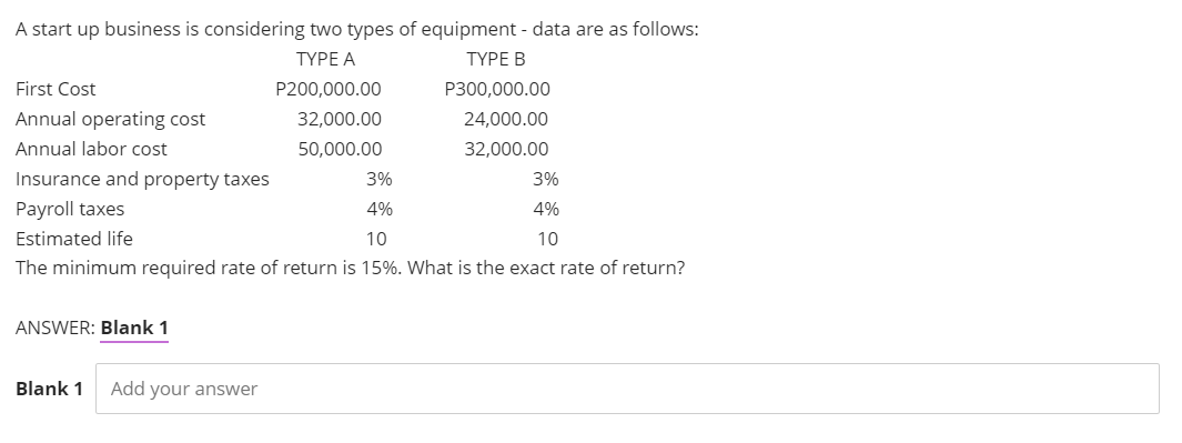 A start up business is considering two types of equipment - data are as follows:
TYPE A
TYPE B
First Cost
P200,000.00
P300,000.00
Annual operating cost
32,000.00
24,000.00
Annual labor cost
50,000.00
32,000.00
Insurance and property taxes
3%
3%
Payroll taxes
4%
4%
Estimated life
10
10
The minimum required rate of return is 15%. What is the exact rate of return?
ANSWER: Blank 1
Blank 1
Add your answer
