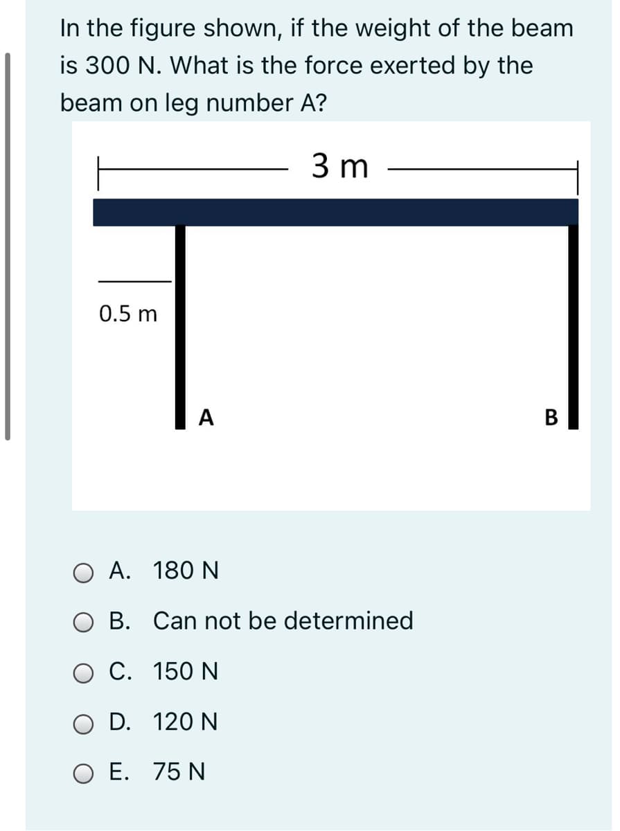 In the figure shown, if the weight of the beam
is 300 N. What is the force exerted by the
beam on leg number A?
3 m
0.5 m
A
В
A. 180 N
O B. Can not be determined
C. 150 N
O D. 120 N
O E. 75 N
