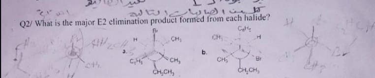 Q2/ What is the major E2 elimination product formed from each halide?
CH
CH
b.
CH,
Br
C,H
CH,CH,
CH,CH,
