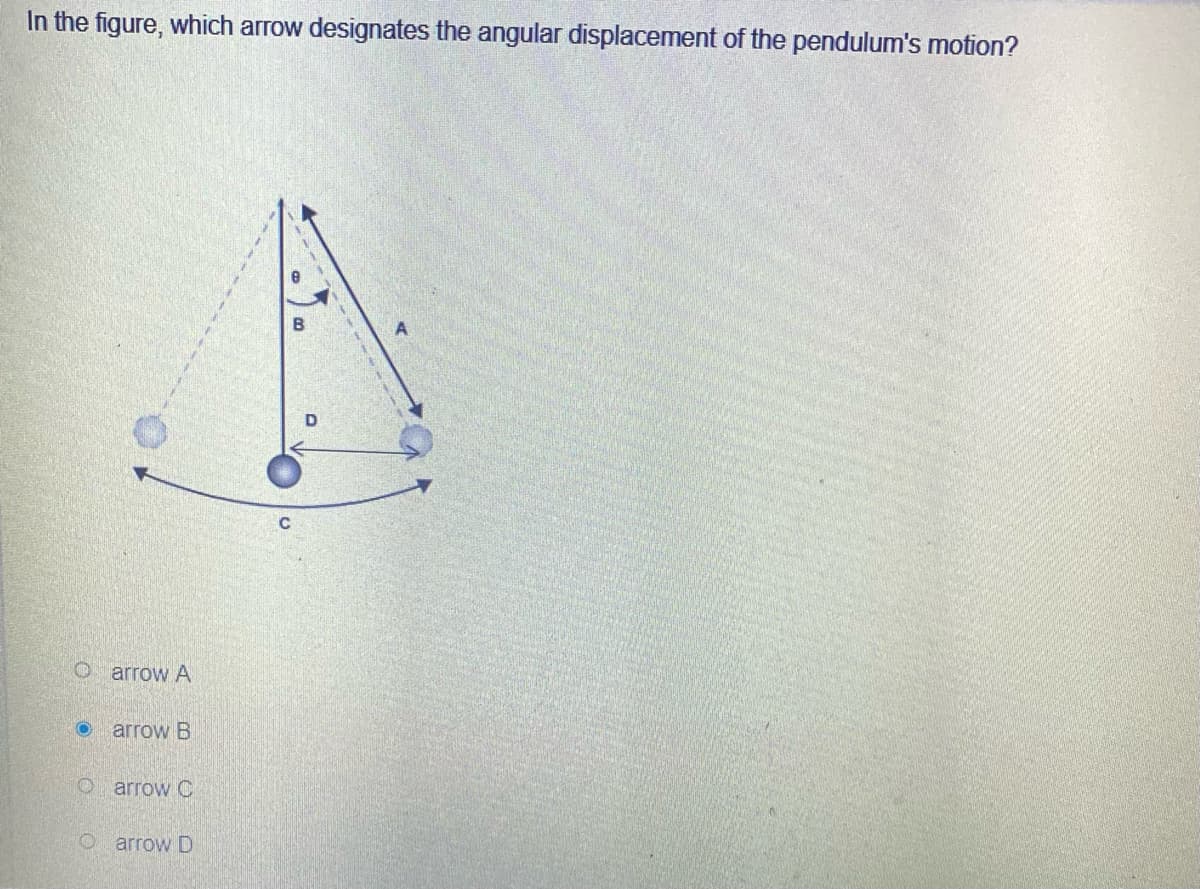 In the figure, which arrow designates the angular displacement of the pendulum's motion?
B
O arrow A
arrow B
O arrow C
O arrow D
