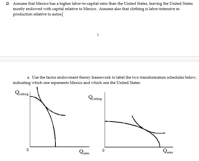 2) Assume that Mexico has a higher labor-to-capital ratio than the United States, leaving the United States
mostly endowed with capital relative to Mexico. Assume also that clothing is labor-intensive in
production relative to autos.
a. Use the factor endowment theory framework to label the two transformation schedules below,
indicating which one represents Mexico and which one the United States.
Qetoting
Qetonting
Elothing
Quubs
Qauios
3.
