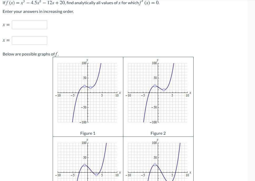 If f (x) = x – 4.5x – 12x + 20, find analytically all values of x for which f' (x) = 0.
Enter your answers in increasing order.
x =
x =
Below are possible graphs of f.
100
100
50
50
- 10
-5
10
- 10
-5
10
-50
-50
- 100
-100
Figure 1
Figure 2
100
100,
50
50
- 10
-5
10
- 10
-5
10
