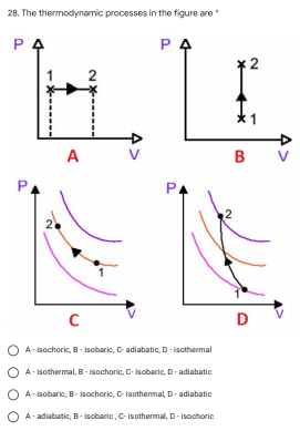 28. The thermodynamic processes in the figure are *
PA
PA
PA
с
OA-Isochoric, B- Isobaric, C- adiabatic, D-Isothermal
O A-isothermal, B-Isochoric, C- Isobaric, D-adiabatic
O A-isobaric, B-isochoric, C-isothermal, D-adiabatic
O A-adiabatic, B-isobaric, C-isothermal, D-Isochoric
P
2
A
*2
B
2
D