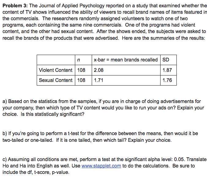 Problem 3: The Journal of Applied Psychology reported on a study that examined whether the
content of TV shows influenced the ability of viewers to recall brand names of items featured in
the commercials. The researchers randomly assigned volunteers to watch one of two
programs, each containing the same nine commercials. One of the programs had violent
content, and the other had sexual content. After the shows ended, the subjects were asked to
recall the brands of the products that were advertised. Here are the summaries of the results:
x-bar = mean brands recalled SD
Violent Content 108
2.08
1.87
Sexual Content 108
1.71
1.76
a) Based on the statistics from the samples, if you are in charge of doing advertisements for
your company, then which type of TV content would you like to run your ads on? Explain your
choice. Is this statistically significant?
b) If you're going to perform a t-test for the difference between the means, then would it be
two-tailed or one-tailed. If it is one tailed, then which tail? Explain your choice.
c) Assuming all conditions are met, perform a test at the significant alpha level: 0.05. Translate
Ho and Ha into English as well. Use www.stapplet.com to do the calculations. Be sure to
include the df, t-score, p-value.
