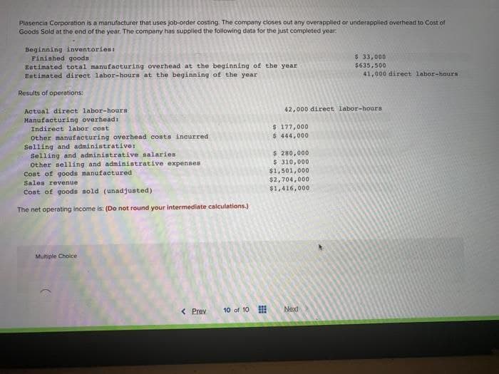 Plasencia Corporation is a manufacturer that uses job-order costing. The company closes out any overapplied or underapplied overhead to Cost of
Goods Sold at the end of the year. The company has supplied the following data for the just completed year.
Beginning inventories:
Finished goods
Estimated total manufacturing overhead at the beginning of the year
Estimated direct labor-hours at the beginning of the year
Results of operations:
Actual direct labor-hours
Manufacturing overhead:
Indirect labor cost
Other manufacturing overhead costs incurred
Selling and administrative:
Selling and administrative salaries
Other selling and administrative expenses
Cost of goods manufactured
Sales revenue
Cost of goods sold (unadjusted).
The net operating income is: (Do not round your intermediate calculations.)
Multiple Choice
< Prev 10 of 10
42,000 direct labor-hours
$
177,000
$ 444,000
$ 280,000
$ 310,000
$1,501,000
$2,704,000
$1,416,000
$ 33,000
$635,500
41,000 direct labor-hours
Next