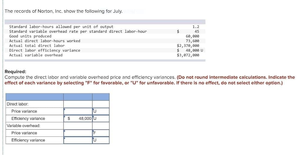 The records of Norton, Inc. show the following for July.
Standard labor-hours allowed per unit of output
Standard variable overhead rate per standard direct labor-hour
Good units produced
Actual direct labor-hours worked
Actual total direct labor
Direct labor efficiency variance
Actual variable overhead
Direct labor:
Price variance
Efficiency variance
Variable overhead:
Required:
Compute the direct labor and variable overhead price and efficiency variances. (Do not round intermediate calculations. Indicate the
effect of each variance by selecting "F" for favorable, or "U" for unfavorable. If there is no effect, do not select either option.)
Price variance
Efficiency variance
U
$ 48,000 U
$
F
U
1.2
45
60,000
73,600
$2,370,000
48,000 U
$3,072,000
$