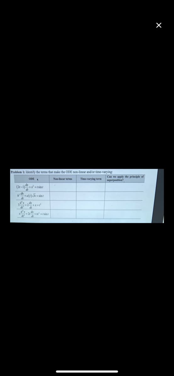 Problem 1: Identify the terms that make the ODE non-linear and/or time-varying:
Can we apply the principle of
superposition?
ODE
Non-linear terms
Time-varying term
(21-1)뜻+x-1sint
dha(t)h = sint
di
d's
+tsint
dr
