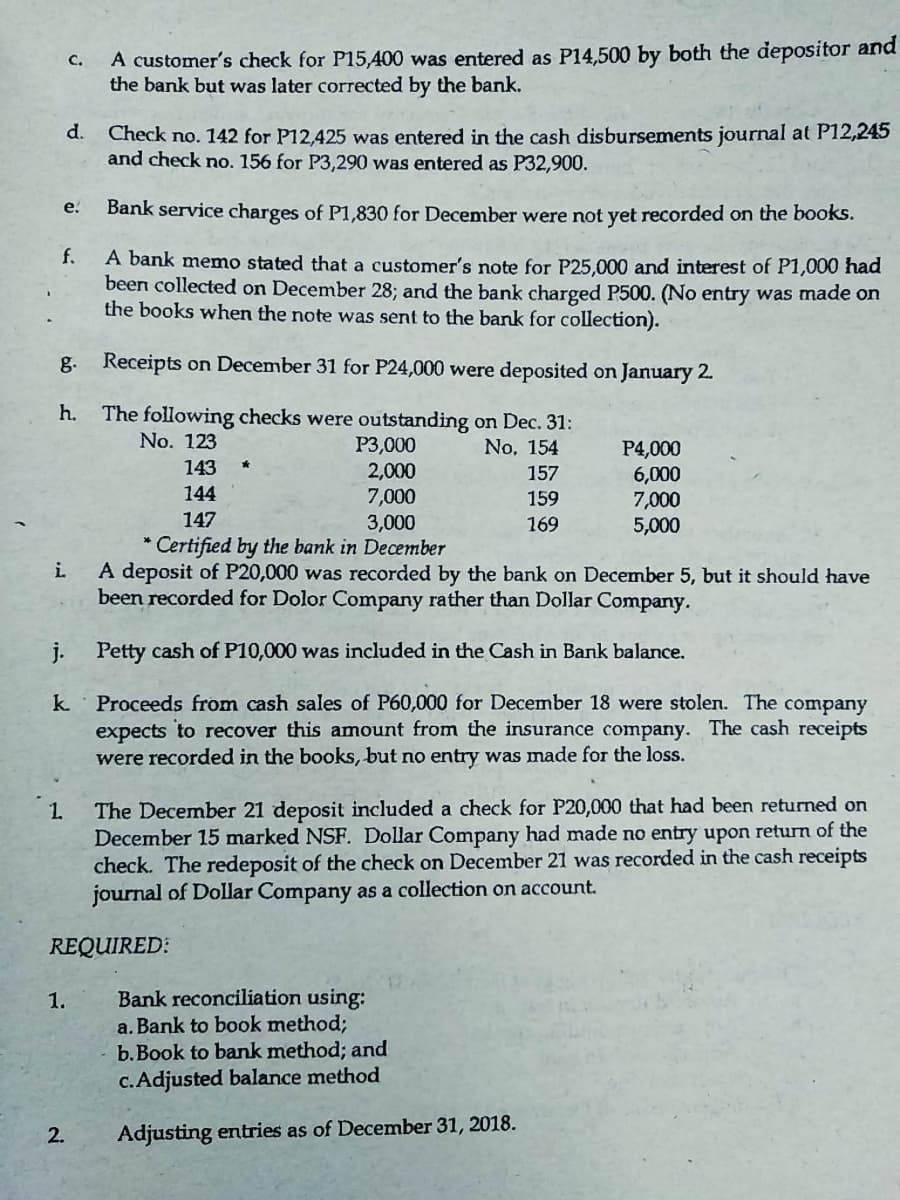 A customer's check for P15,400 was entered as P14,500 by both the depositor and
the bank but was later corrected by the bank.
C.
d.
Check no. 142 for P12,425 was entered in the cash disbursements journal at P12,245
and check no. 156 for P3,290 was entered as P32,900.
e.
Bank service charges of P1,830 for December were not yet recorded on the books.
f.
A bank memo stated that a customer's note for P25,000 and interest of P1,000 had
been collected on December 28; and the bank charged P500. (No entry was made on
the books when the note was sent to the bank for collection).
g.
Receipts on December 31 for P24,000 were deposited on January 2.
h.
The following checks were outstanding on Dec. 31:
No. 123
Р3,000
2,000
7,000
No. 154
P4,000
6,000
7,000
5,000
143
157
144
159
147
3,000
169
* Certified by the bank in December
A deposit of P20,000 was recorded by the bank on December 5, but it should have
been recorded for Dolor Company rather than Dollar Company.
i.
j. Petty cash of P10,000 was included in the Cash in Bank balance.
k. Proceeds from cash sales of P60,000 for December 18 were stolen. The company
expects to recover this amount from the insurance company. The cash receipts
were recorded in the books, but no entry was made for the loss.
The December 21 deposit included a check for P20,000 that had been returned on
December 15 marked NSF. Dollar Company had made no entry upon return of the
check. The redeposit of the check on December 21 was recorded in the cash receipts
journal of Dollar Company as a collection on account.
1.
REQUIRED:
Bank reconciliation using:
a. Bank to book method;
b.Book to bank method; and
c.Adjusted balance method
1.
2.
Adjusting entries as of December 31, 2018.
