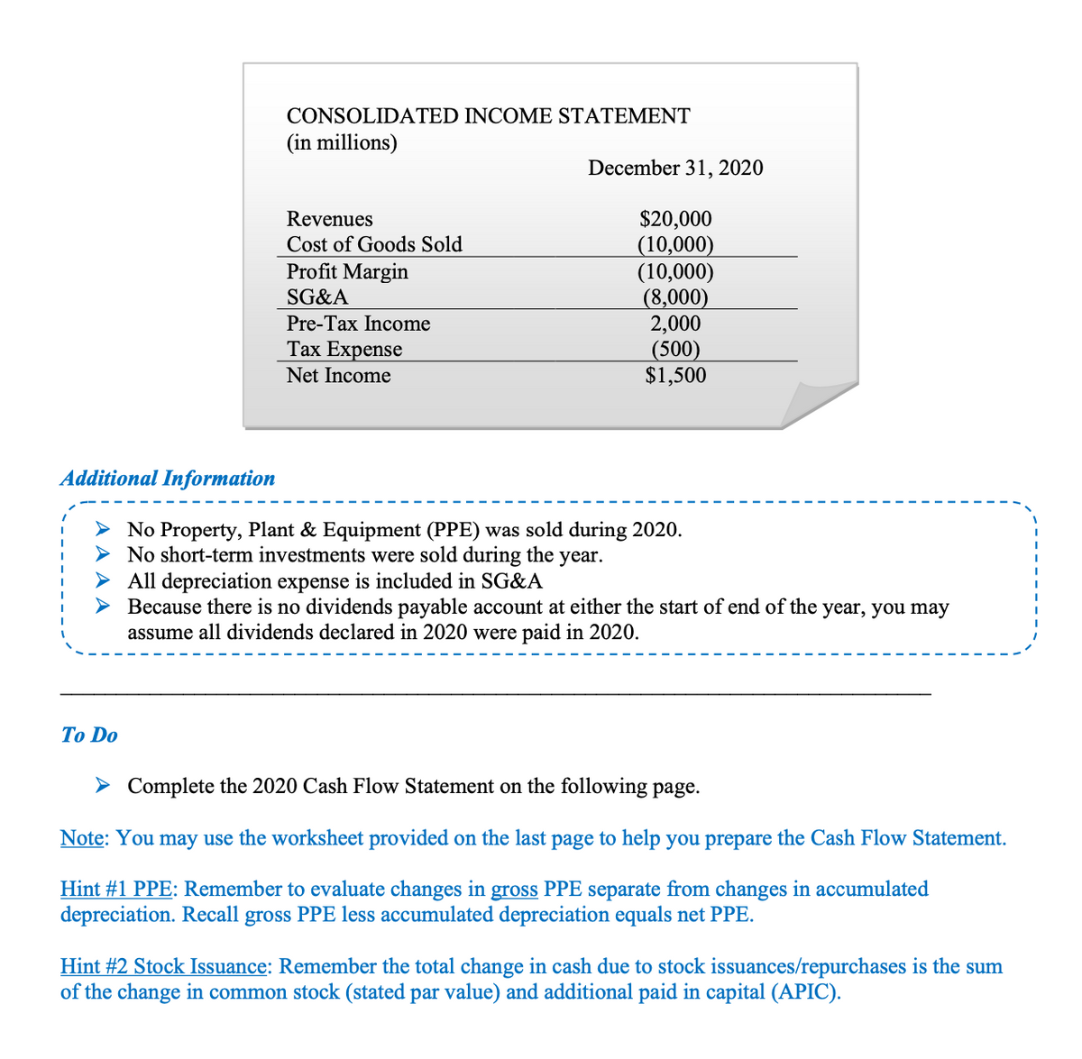 CONSOLIDATED INCOME STATEMENT
(in millions)
December 31, 2020
$20,000
(10,000)
(10,000)
(8,000)
2,000
(500)
$1,500
Revenues
Cost of Goods Sold
Profit Margin
SG&A
Pre-Tax Income
Тах Expense
Net Income
Additional Information
> No Property, Plant & Equipment (PPE) was sold during 2020.
> No short-term investments were sold during the year.
> All depreciation expense is included in SG&A
> Because there is no dividends payable account at either the start of end of the year, you may
assume all dividends declared in 2020 were paid in 2020.
Тo Do
> Complete the 2020 Cash Flow Statement on the following page.
Note: You may use the worksheet provided on the last page to help you prepare the Cash Flow Statement.
Hint #1 PPE: Remember to evaluate changes in gross PPE separate from changes in accumulated
depreciation. Recall gross PPE less accumulated depreciation equals net PPE.
Hint #2 Stock Issuance: Remember the total change in cash due to stock issuances/repurchases is the sum
of the change in common stock (stated par value) and additional paid in capital (APIC).
