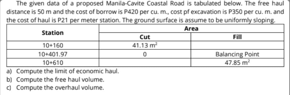 The given data of a proposed Manila-Cavite Coastal Road is tabulated below. The free haul
distance is 50 m and the cost of borrow is P420 per cu. m., cost pf excavation is P350 per cu. m. and
the cost of haul is P21 per meter station. The ground surface is assume to be uniformly sloping.
Area
Station
Cut
Fill
10+160
41.13 m?
Balancing Point
47.85 m2
10+401.97
10+610
a) Compute the limit of economic haul.
b) Compute the free haul volume.
c) Compute the overhaul volume.
