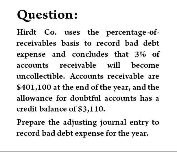 Question:
Hirdt Co. uses the percentage-of-
receivables basis to record bad debt
expense and concludes that 3% of
accounts receivable will become
uncollectible. Accounts receivable are
$401,100 at the end of the year, and the
allowance for doubtful accounts has a
credit balance of $3,110.
Prepare the adjusting journal entry to
record bad debt expense for the year.