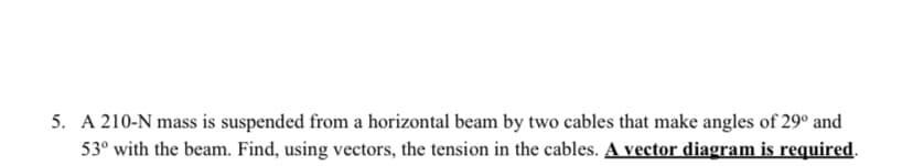 5. A 210-N mass is suspended from a horizontal beam by two cables that make angles of 29° and
53° with the beam. Find, using vectors, the tension in the cables. A vector diagram is required.